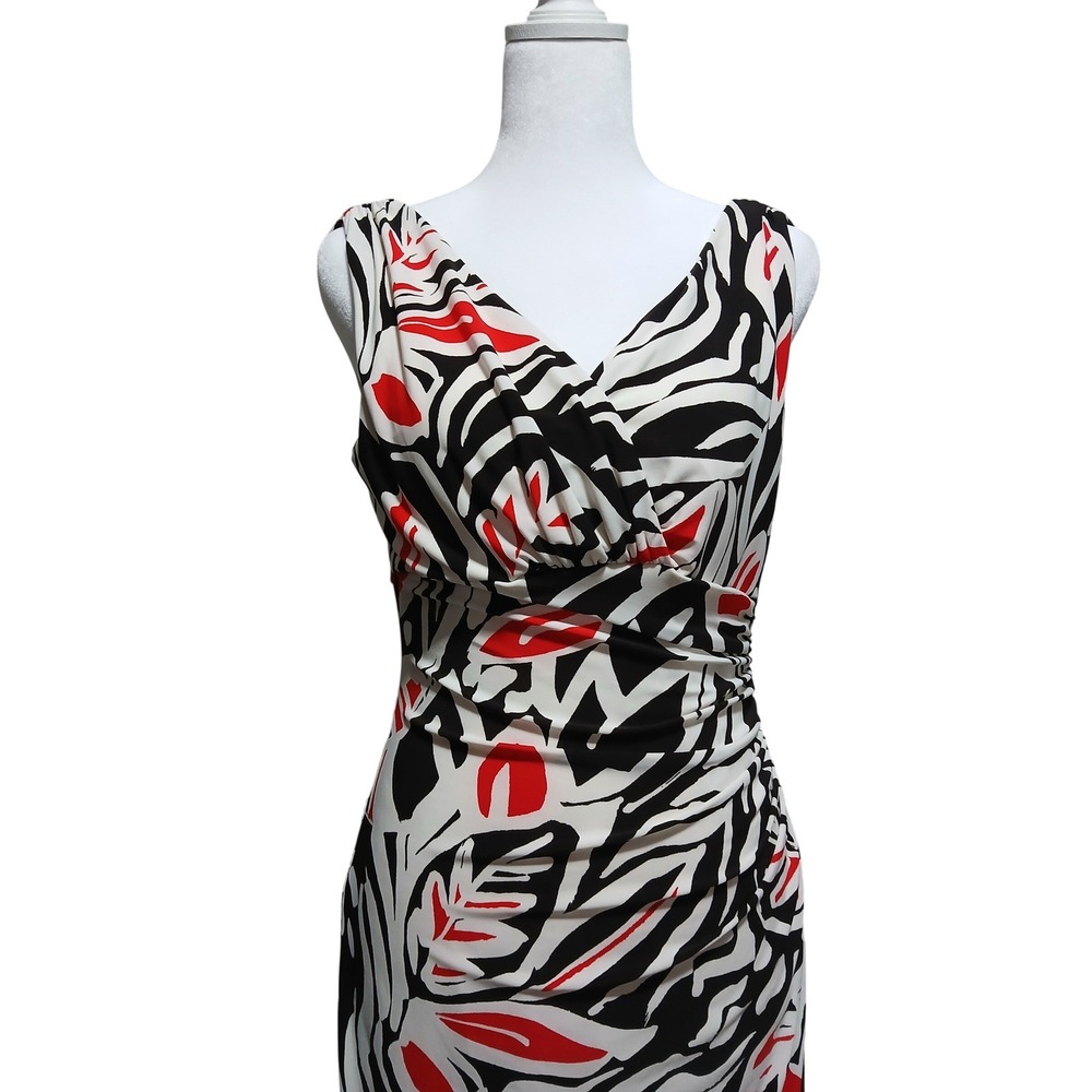Lauren Ralph Lauren Black Red White Abstract Print Ruched Sheath Dress Size 8 - Picture 2 of 9
